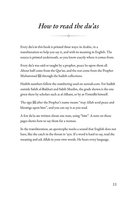 Page 11: How to read the du’as: Arabic, transliteration, English